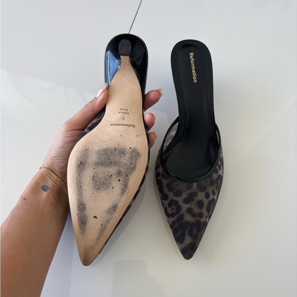 Reformation Leopard Print Pointed Mule Slides in Black and Brown - Picture 3 of 3